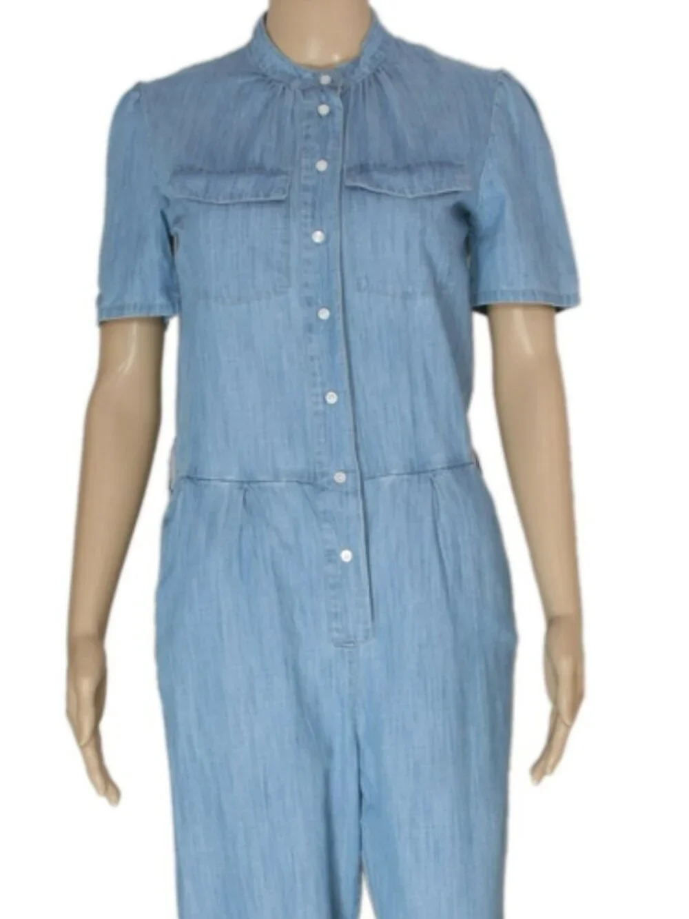 Cyrillus Chambray Jumpsuit Blue Button Short Sleeve Pocket Straight Leg XS 34